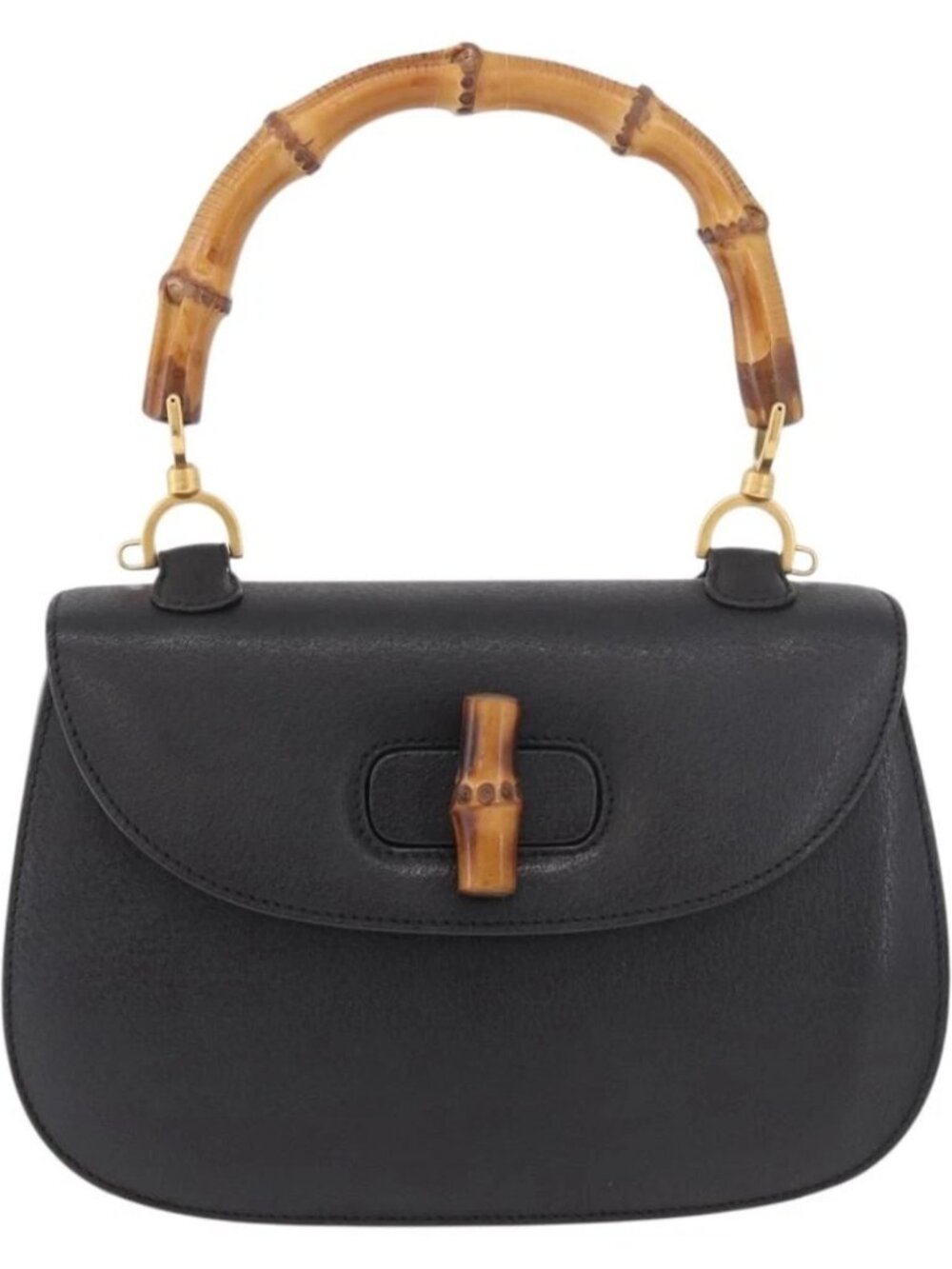 GUCCI Bamboo Hand Bag Leather Black Gold Auth